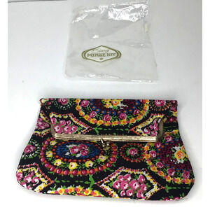 Celebrity Purse Kit Vtg. Coin Purse/Make up Bag Blk Floral with Kiss Lock